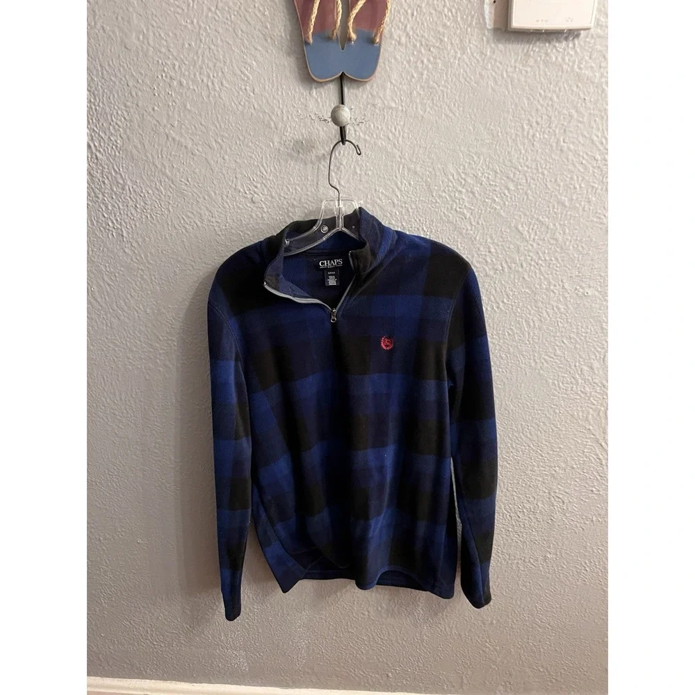 Chaps Golf Blue Black Plaid 1/4 Zip Mens Pullover Fleece Size Small